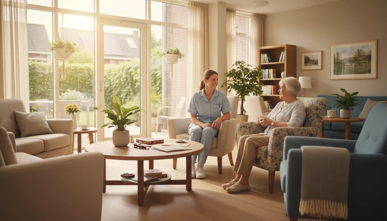 Verzorgende in gesprek met een cliënt in een woonkamer van een zorglocatie
